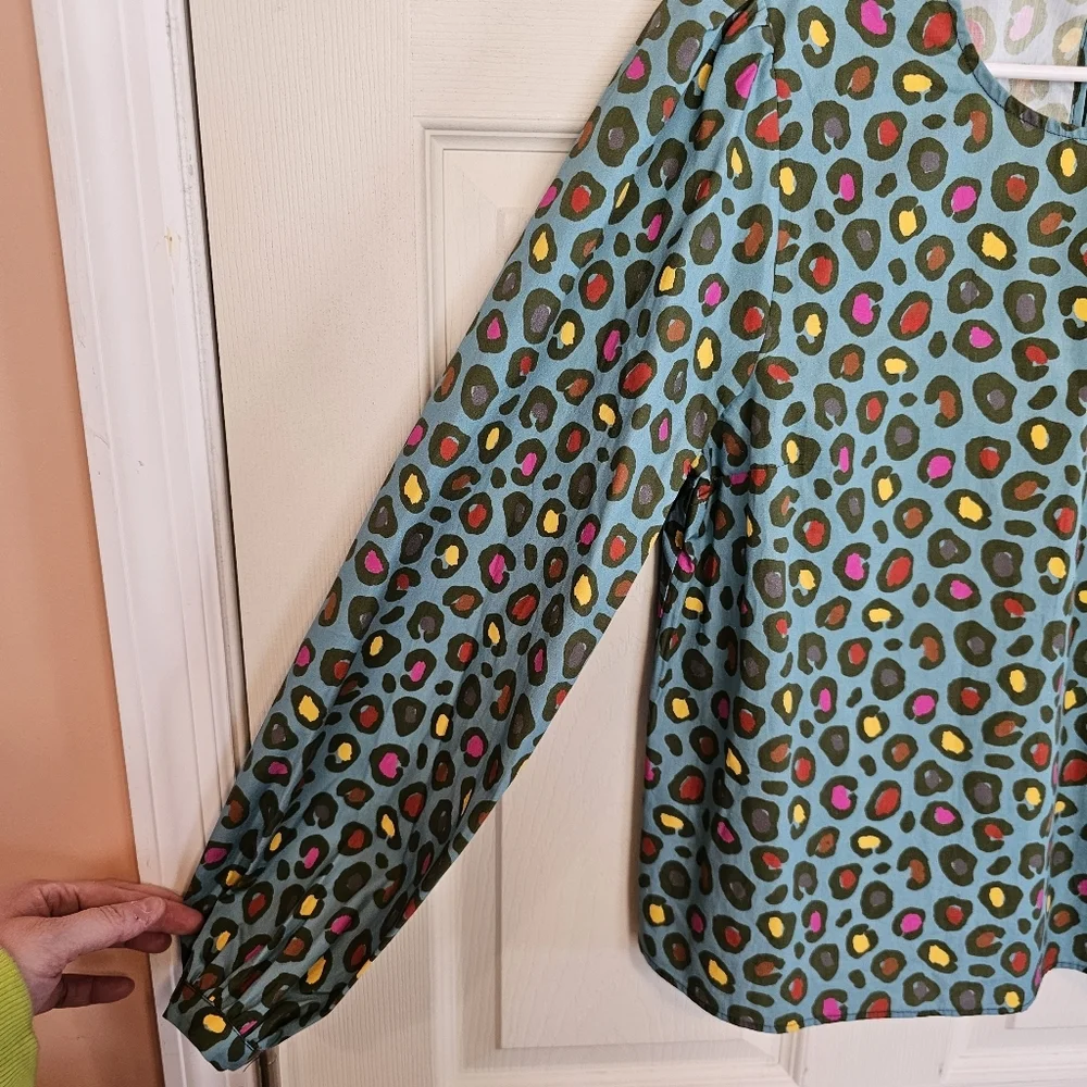 Farm Rio Hanya Puff Sleeve Multicolored Animal Print Blouse